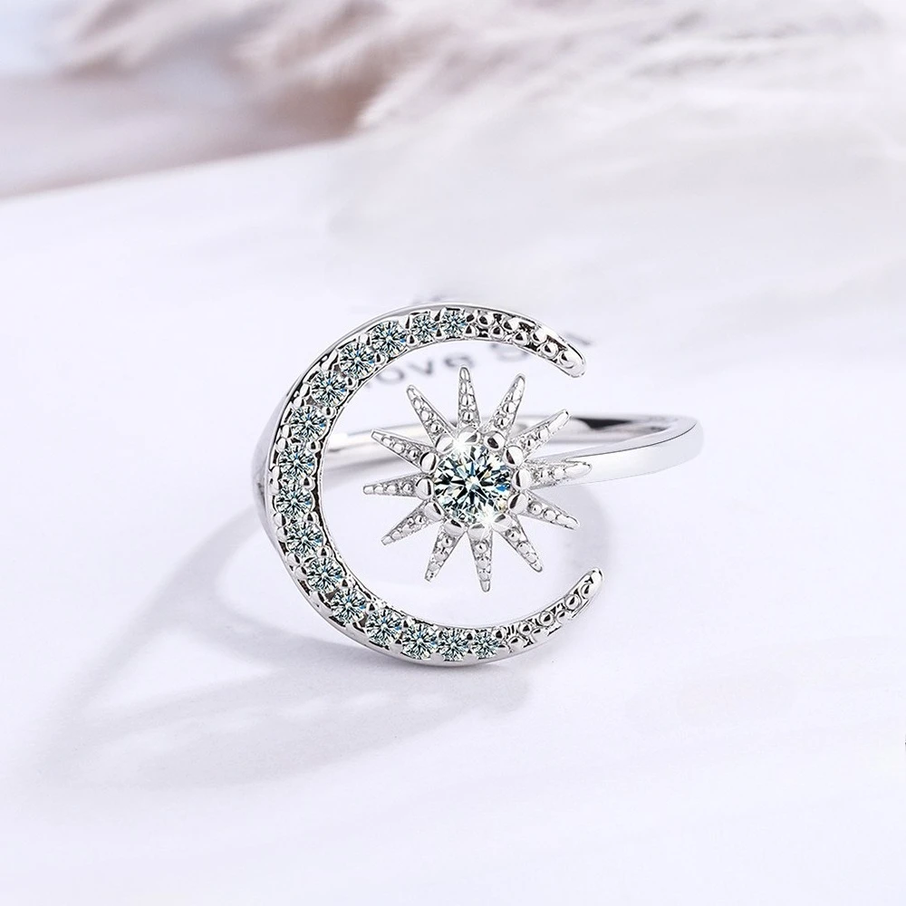 Neuer Ring aus 925er-Sterlingsilber, Moissanit, Stern, Mond, für Frauen, Hochzeit, Schmuck, elegante Damen-Accessoires, modische Party-Geschenke