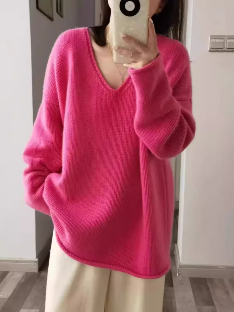 100% Pure Wool Loose V-neck Sweater Autumn Winter New Knitted Pullover Casual Fashion Korean Version Medium Long Tops Large Size