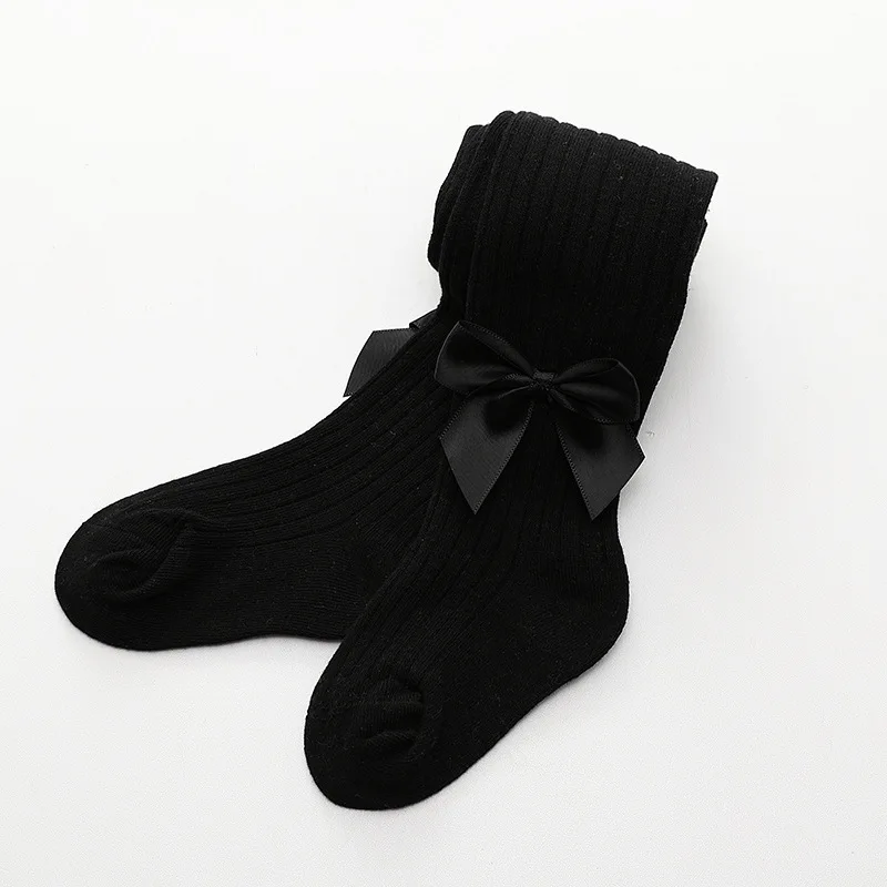 Kids Girls Cotton Knitted Tights Lovely Satin Bow Decor Girls One-Piece Pantyhose Soft Elastic Skin-Friendly Breathable Leggings view 2
