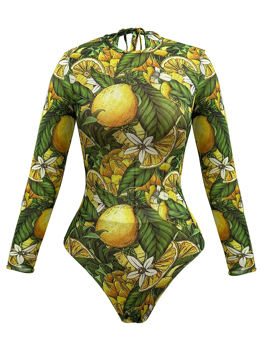 2026 New UPF50 Sheer Rash Guard Green Lemon One-Piece Swimsuit With Short Pants Women Sexy Sun Protection Swimwear Beachwear