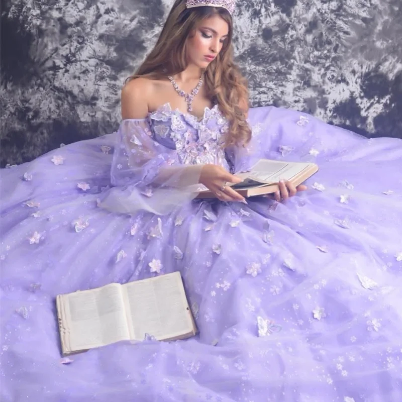 

Customized Shiny lavender Quinceanera Dresses Off the Shoulder Sequin Lace decal 3D flower Bow Long tail Vestido 15 Quinceanera