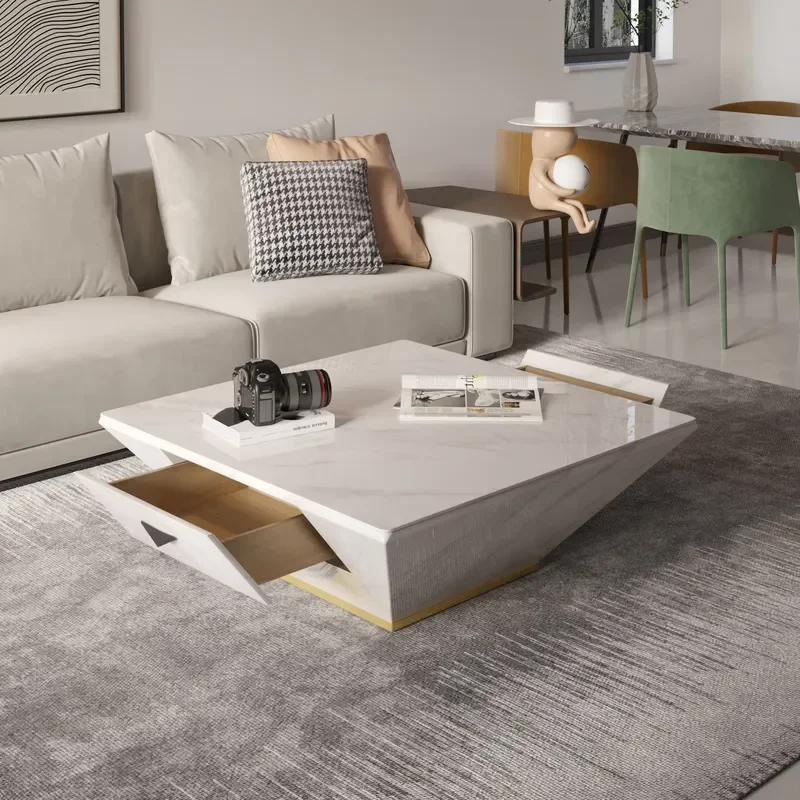 Voxhome Nordic Modern Storage Concise Coffee Table Simple Apartment Home Trapezoid Marble Texture Center Square Coffee Table