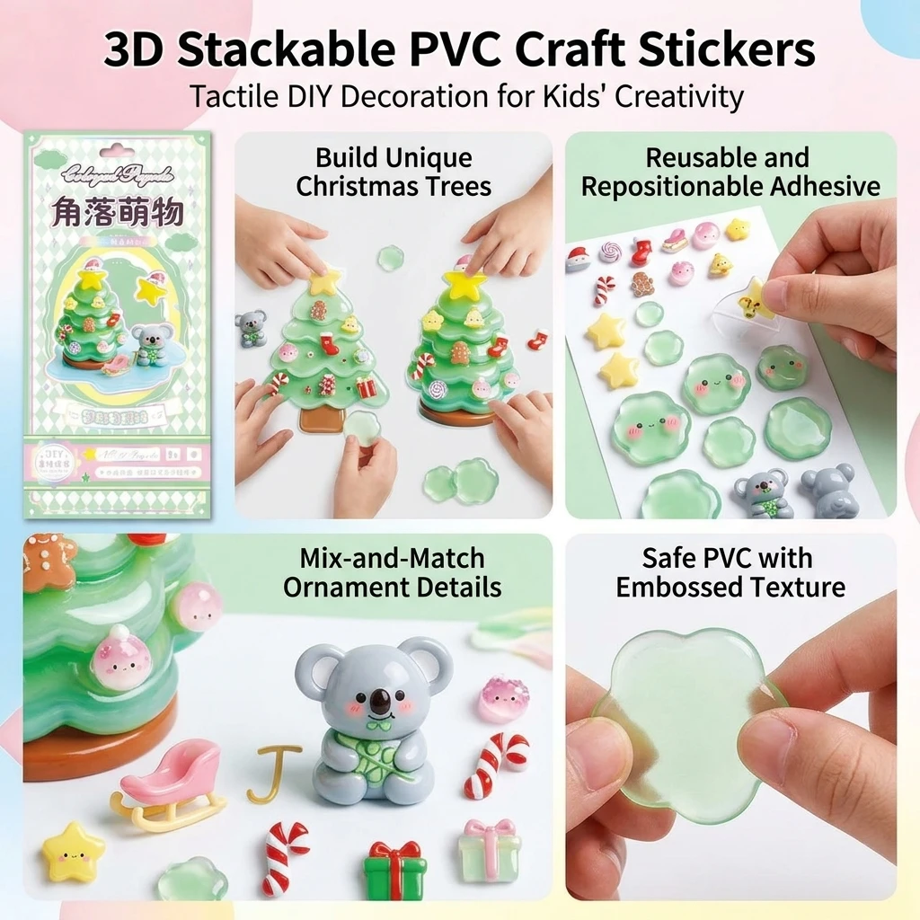 PVC Stacking Stickers for Kids Projects DIY 3D Relief Decorative Decals Mini Christmas Tree Ornaments Handmade DIY Crafts Gifts