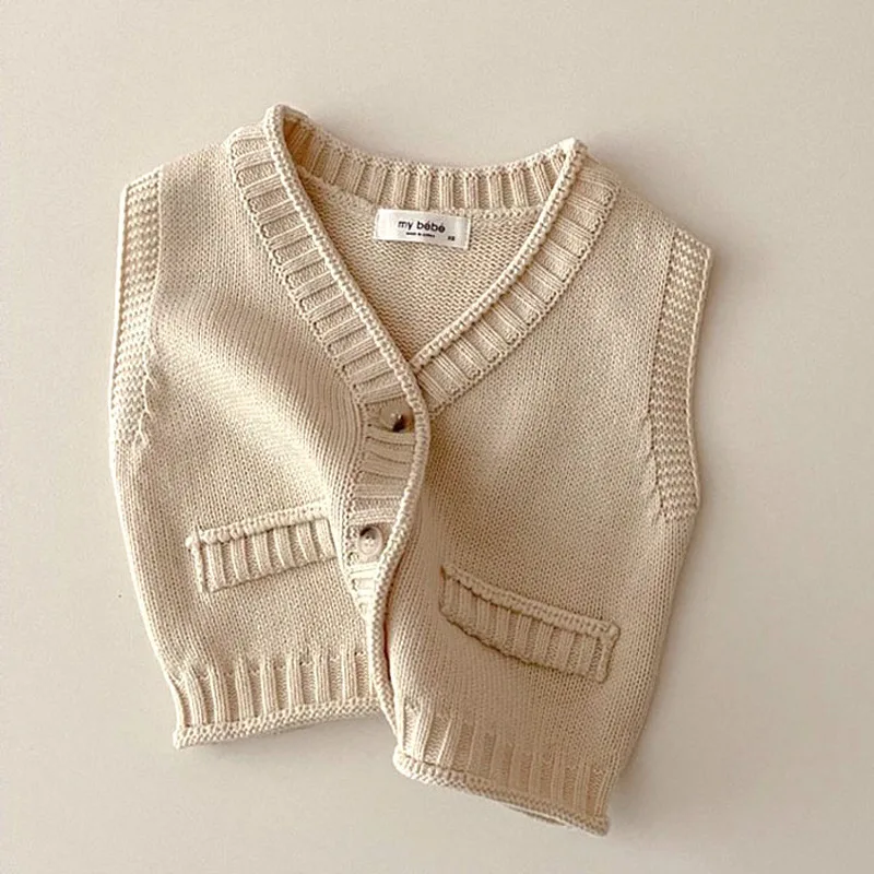 2025 Autumn New Baby Sleeveless Knitted Vest Solid Infant Boy Girl Casual Sweater Vest Children V-neck Cardigan Toddler Clothes