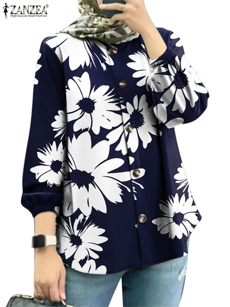 ZANZEA Vrouwen Bloemen Gedrukt Blouses Casual Button Up O Hals Islamitische Hijab Tuniek Tops Lange Mouw Moslim Mode Vakantie Shirts