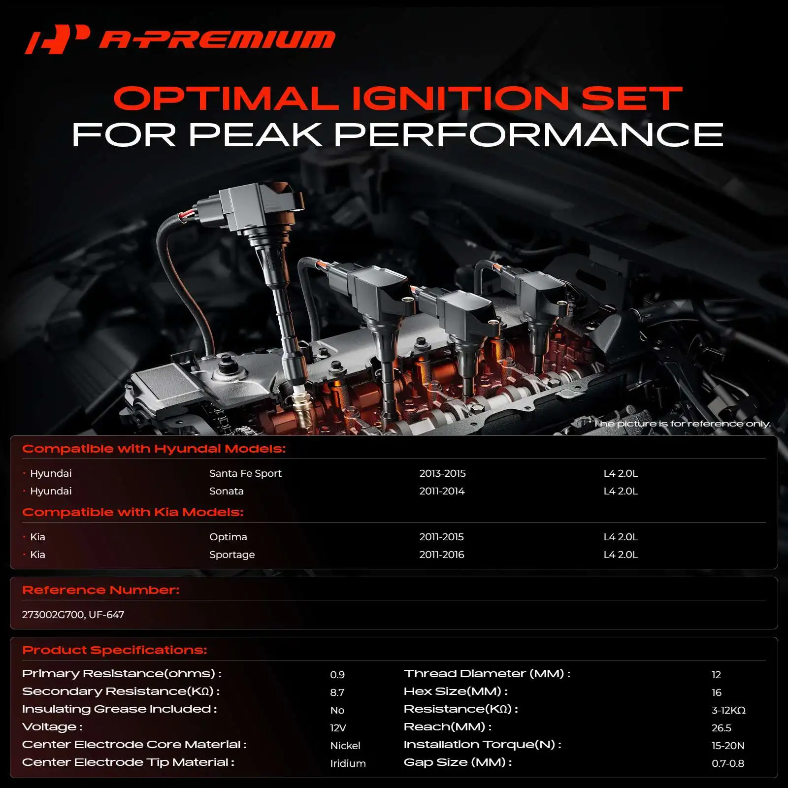 A-Premium 4x Red Ignition Coils & 4x Iridium Spark Plug Kit for Hyundai Sonata Kia Optima