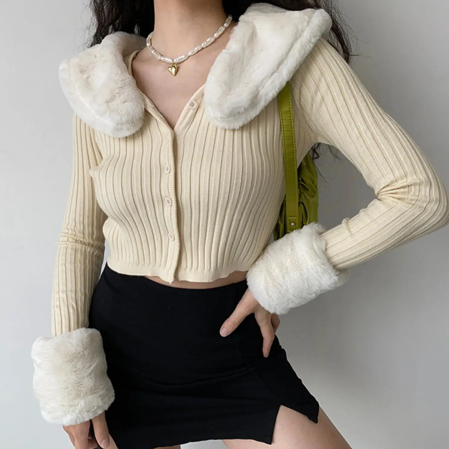 Fashion Trend Removable Rabbit Fur Collar Long Sleeve Slim Knitted Cardigan Autumn Winter Solid Color Cropped Sweater Knitwear