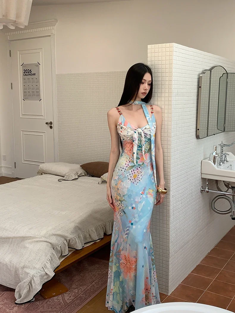 Vacation Backless Long Summer Dresses 2026 Woman Floral V Neck Blue Orange Maxi Halter Dress Ladies Clothes