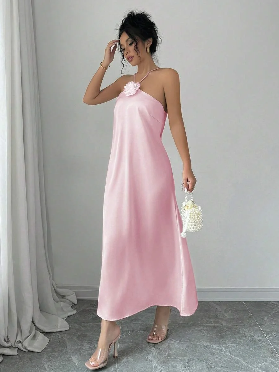 Damen 3D-Blumen Neckholder Rückenfreies Satin-Maxikleid Elegantes Rosa Slip-Kleid Langes Kleid für Hochzeitsgäste Abendparty Urlaub Midi-Kleid – Detail 9