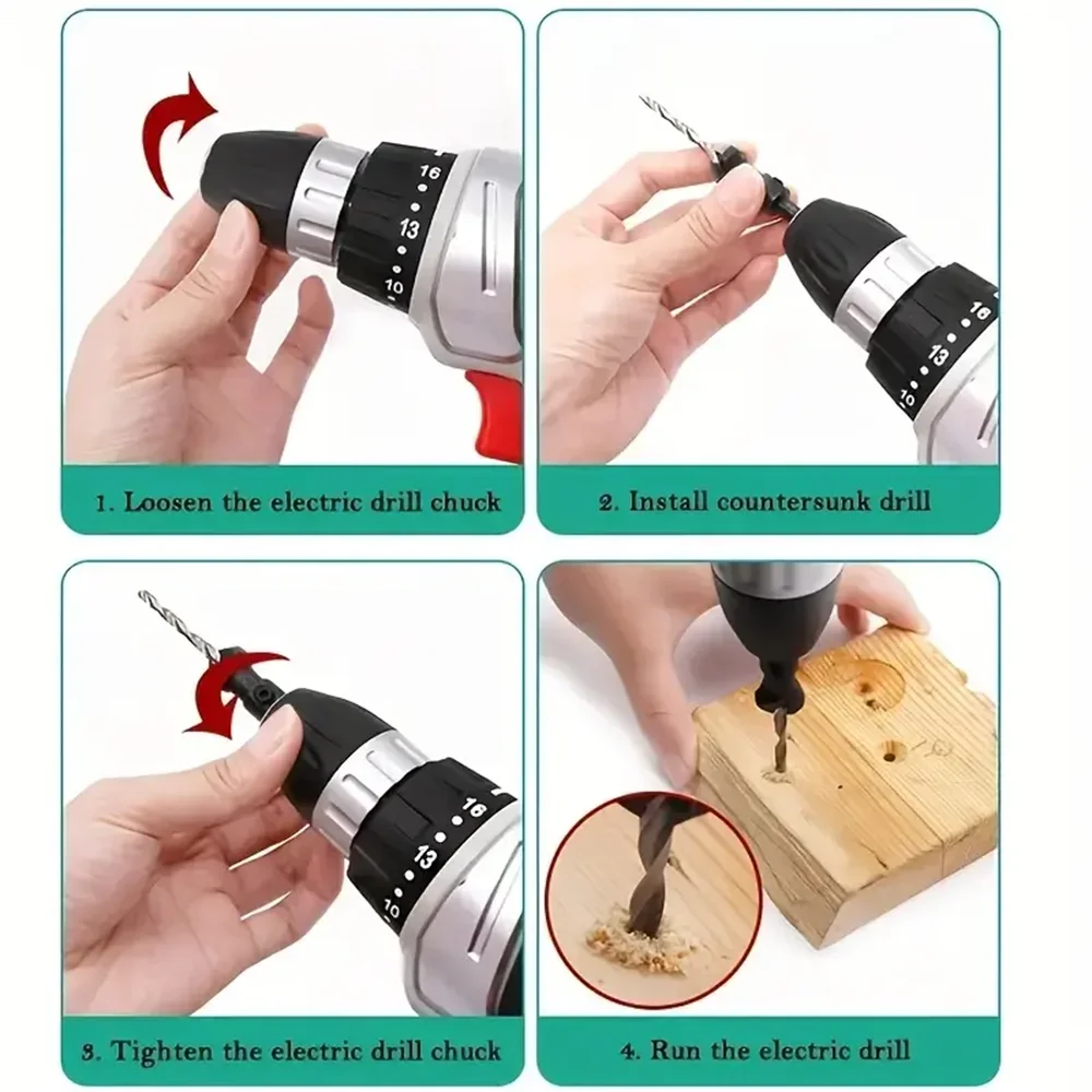 Trapano a testa svasata per la lavorazione del legno da 5 pezzi e smussatura trapano elicoidale per pasta fritta svasata con manico esagonale in un unico pezzo