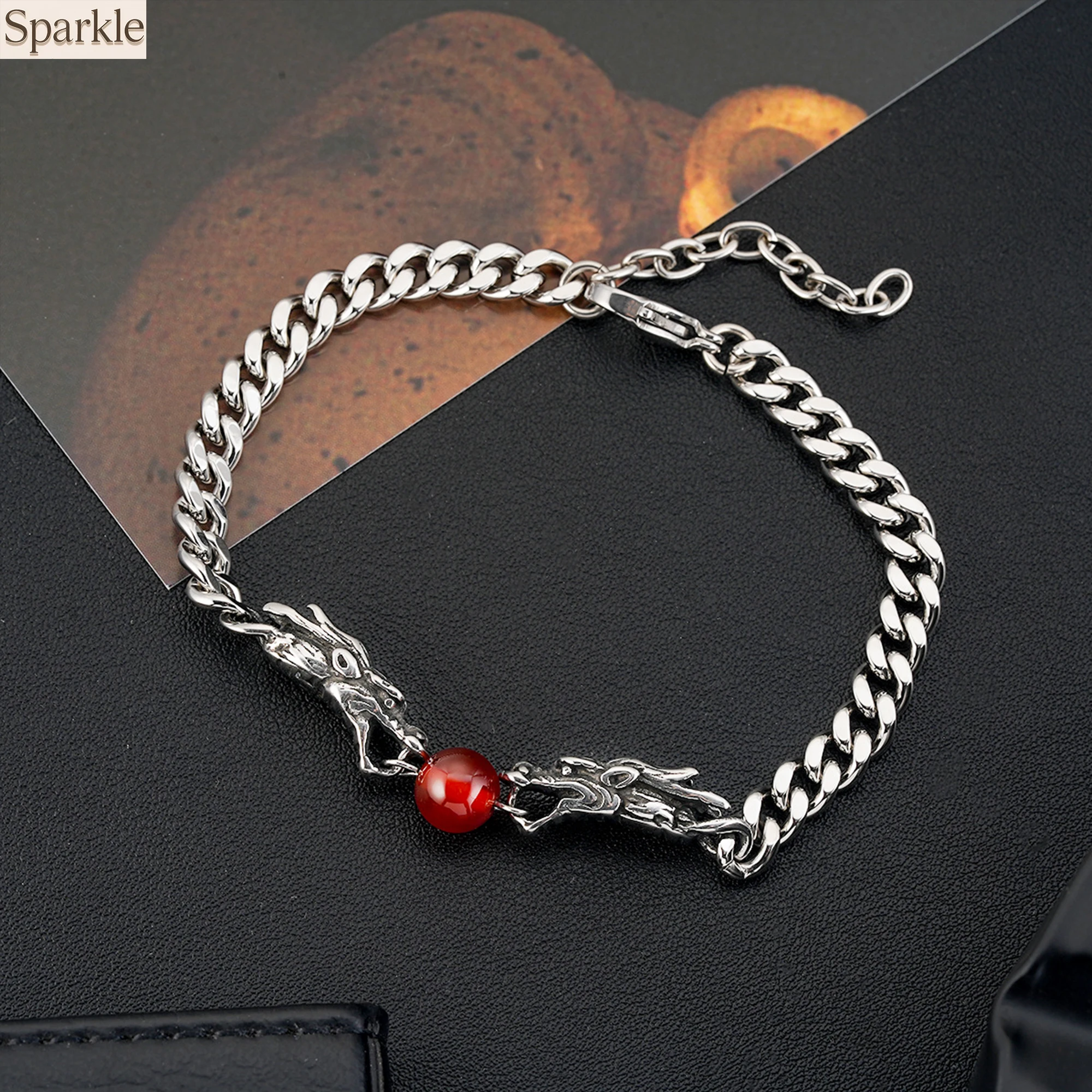 

Double Dragon Head Link Bracelet Red Agate Bead Punk Style Metal Hand Jewelry Casual Fashion Accessory Bold Daily Gift