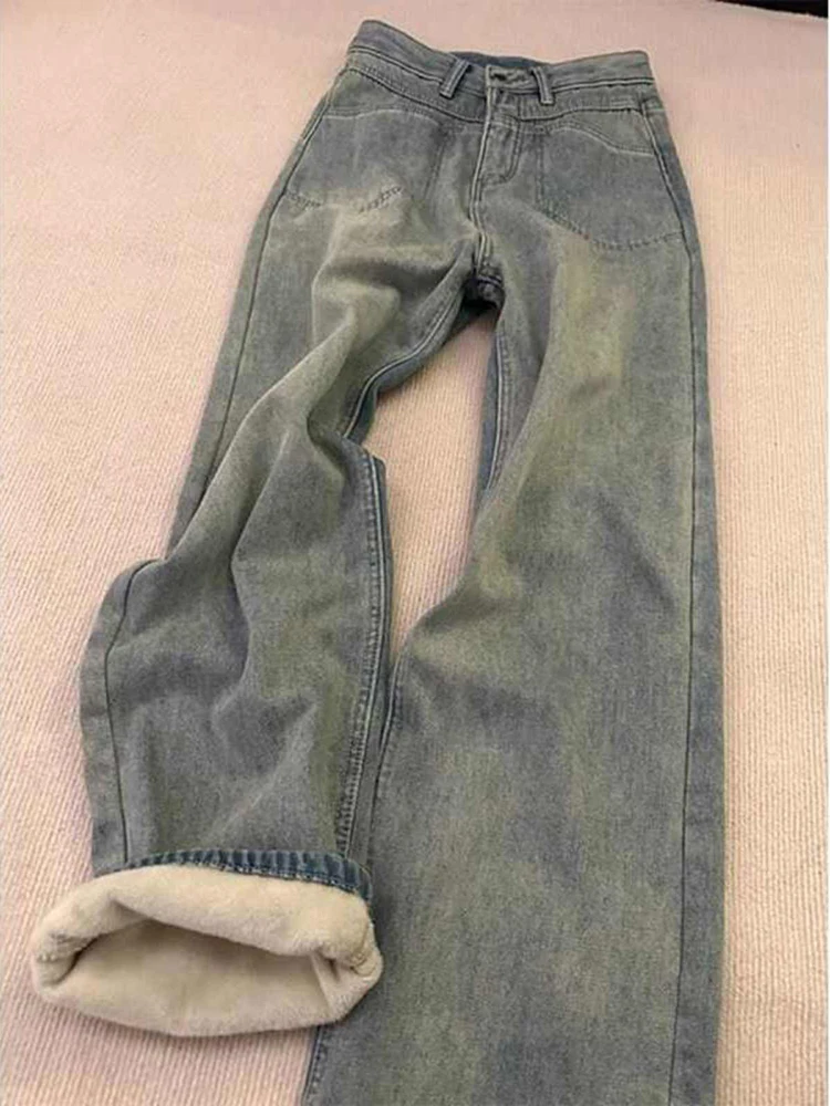 Women's Velvet Straight Jeans Autumn Winter Vintage High Waist Wide Leg Thicken Trousers Female Oversized Warm Denim Pants