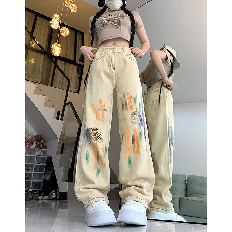 

American Street Hand-painted Stained Niche Jeans Women Straight Pants High-waisted Thin Versatile Ripped Pants Female