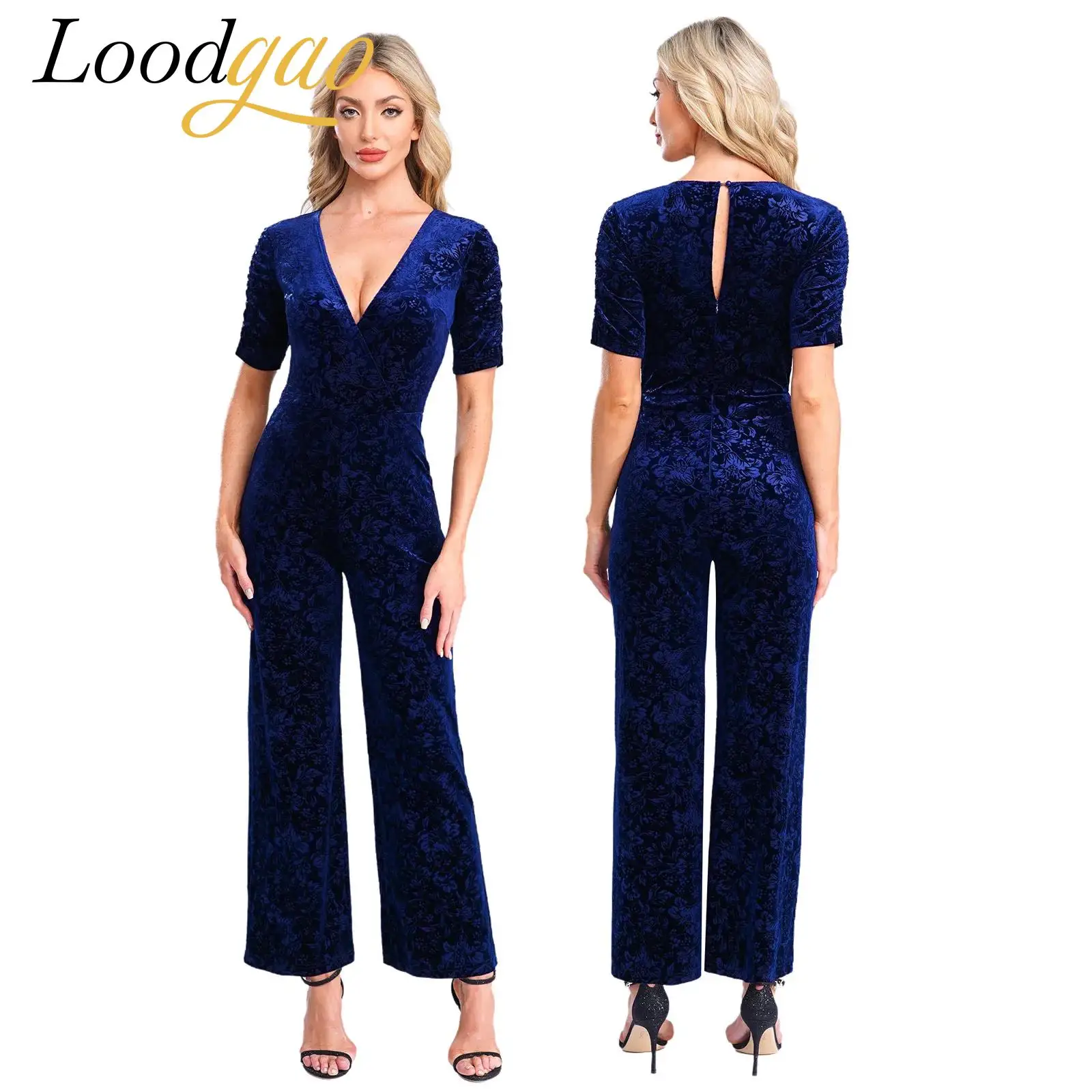 섹시한 랩 V넥 여성용 자카드 스트레이트 바지 롱 팬츠 원피스 점프수트 벨벳 플로럴 파티 롬퍼스 축제 의상