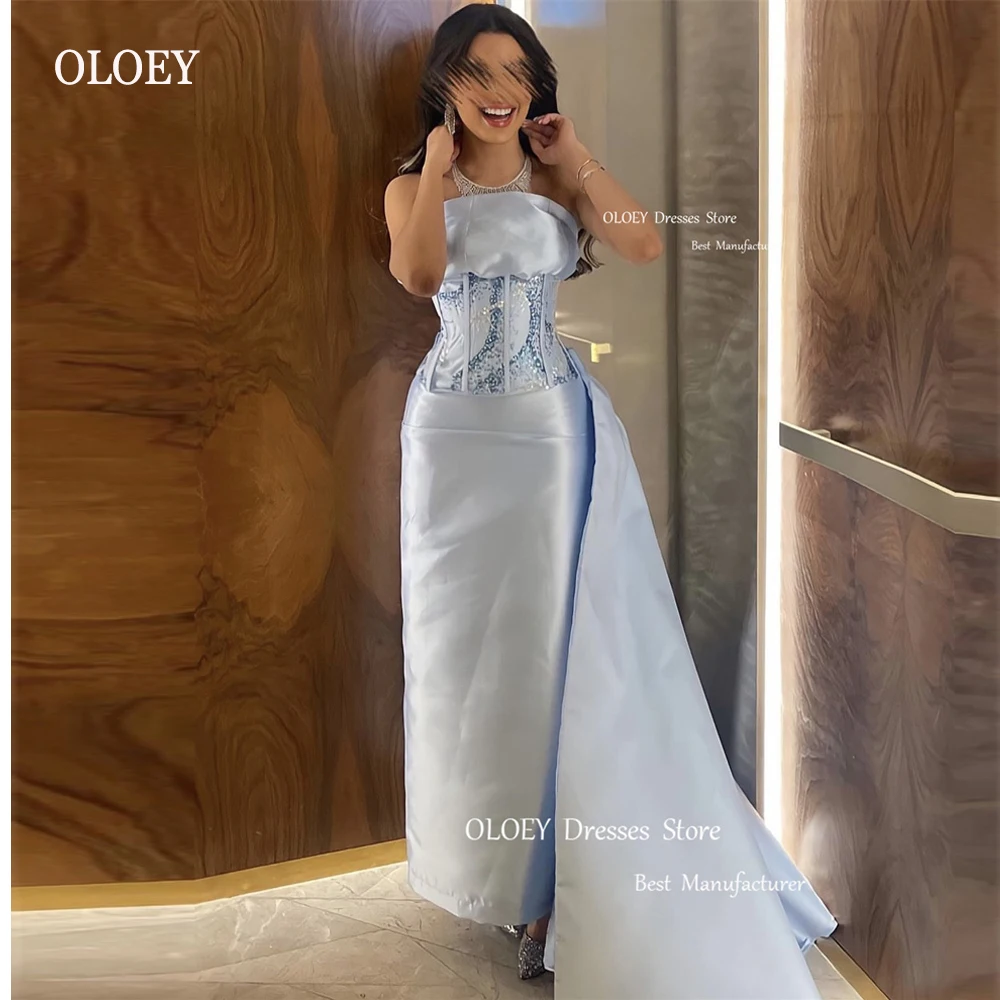 

OLOEY Light Blue Satin Long Evening Dresses Saudi Arabic Lady Strapless Sequin Waist Prom Gowns 2023 Elegant Party Formal Dress