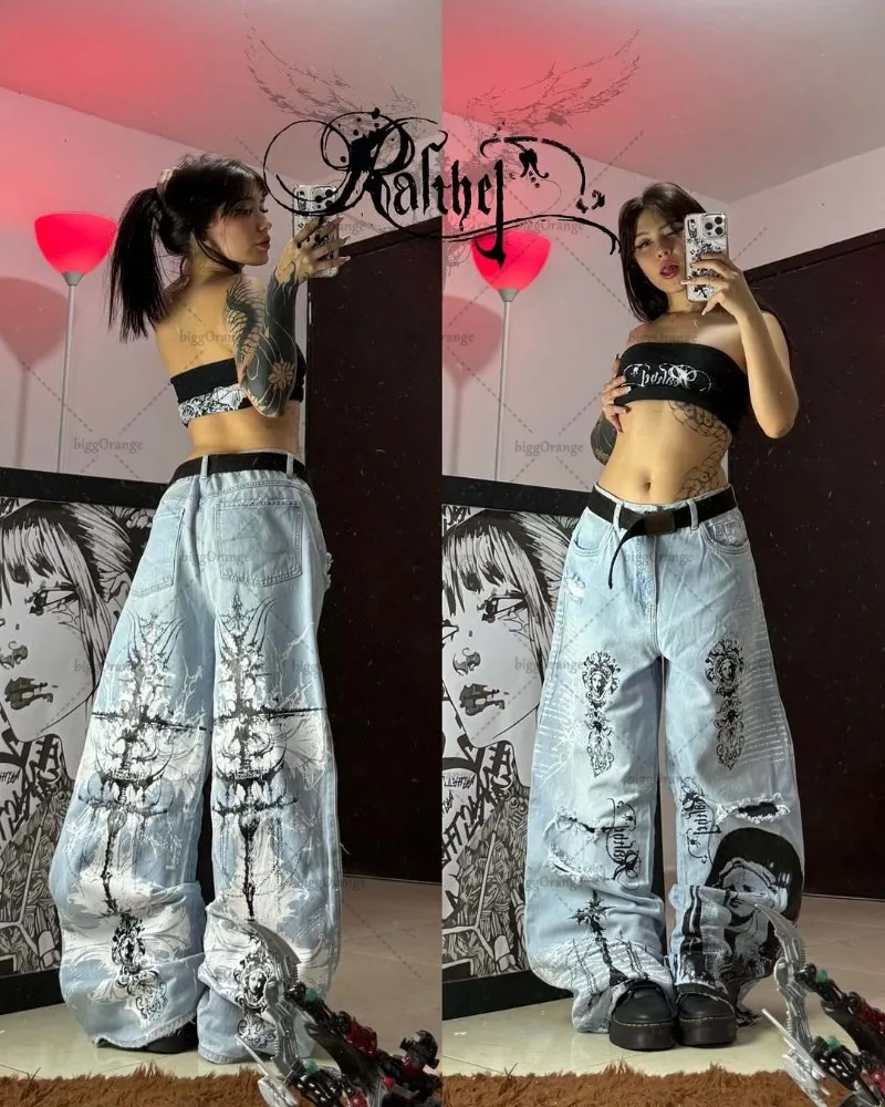 

New Gothic Harajuku Anime Print Baggy Denim Wide-leg Pants Vintage Retro Y2K Jeans Women Hip-hop Punk Casual Streetwear Trousers