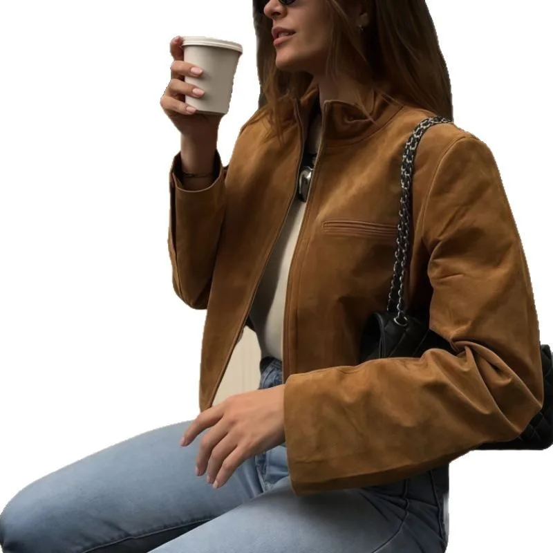 2025 جديد الوقوف طوق الجلد المدبوغ الملمس سترة نسائية بسيطة الرجعية تنوعا سترة قصيرة عادية ومريحة