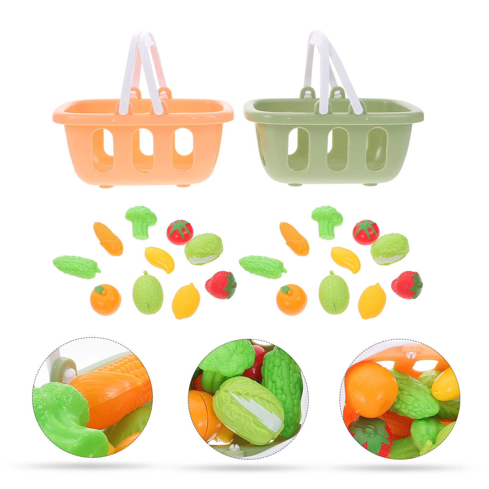 2 Sets simulierter Gemüse- und Obst-Einkaufskorb, Kleinkind-Spielzeug, Rollenspiel, gefälschte Kinderküche, Kunststoff, Mini-Kind