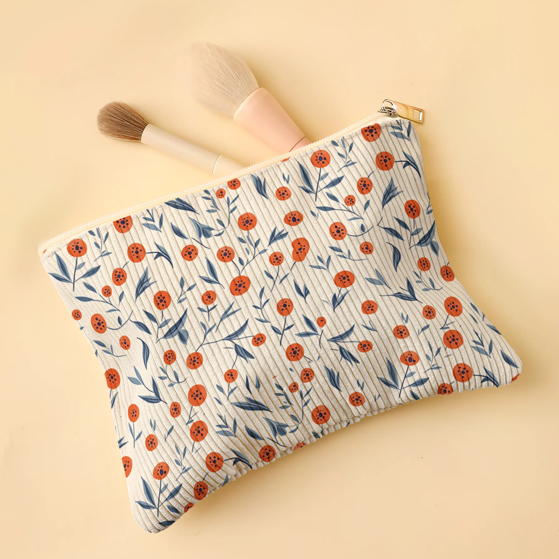 Corduroy Makeup Bag Suitable for Foundation/Eyeshadow Palettes & Lipstick Holder, Smooth-Zipper Fits for Vanity Clutter