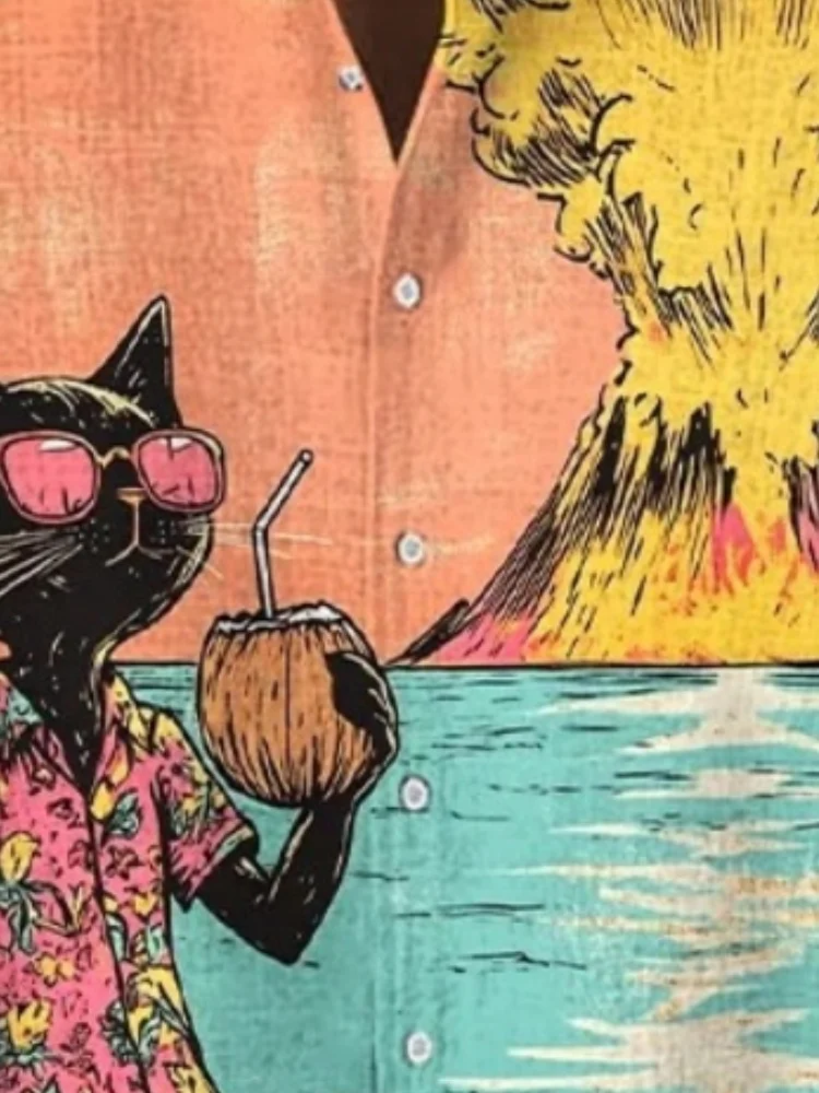 Men's Black Cat Drinking Coconut Juice Volcanic Eruption Print Short Sleeve Shirt Bohemian Funny 3D Printed Lapel Collar Blouse