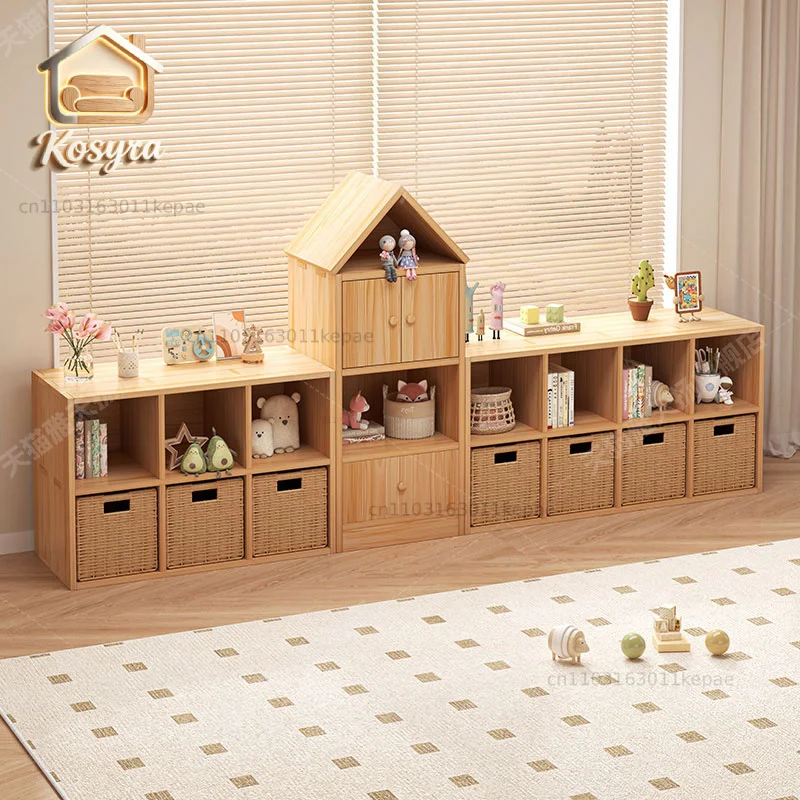 Solid wood bookcase household integrated locker living room floor free combination lattice cabinet children's room toy storage