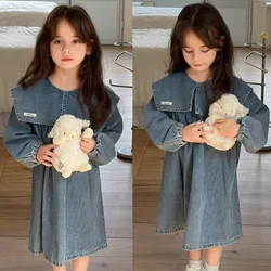 Girls' Denim Dress with Large Collar Washed Denim Long Sleeved Dress A-line Skirt 2024 Spring and Autumn New Children Outfit