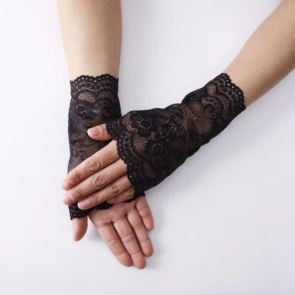 Summer Elastic Lace Short Gloves for Women Sun Protection Anti-Slip Breathable Driving Gloves, Thin Yoga Wrist Strap Fake Sleeve