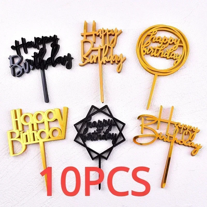 10PCS Acrylic Happy Birthday Cake Topper Multiple Styles Balck Gold Cake Topper Baby Shower Birthday Party Decoration украшение