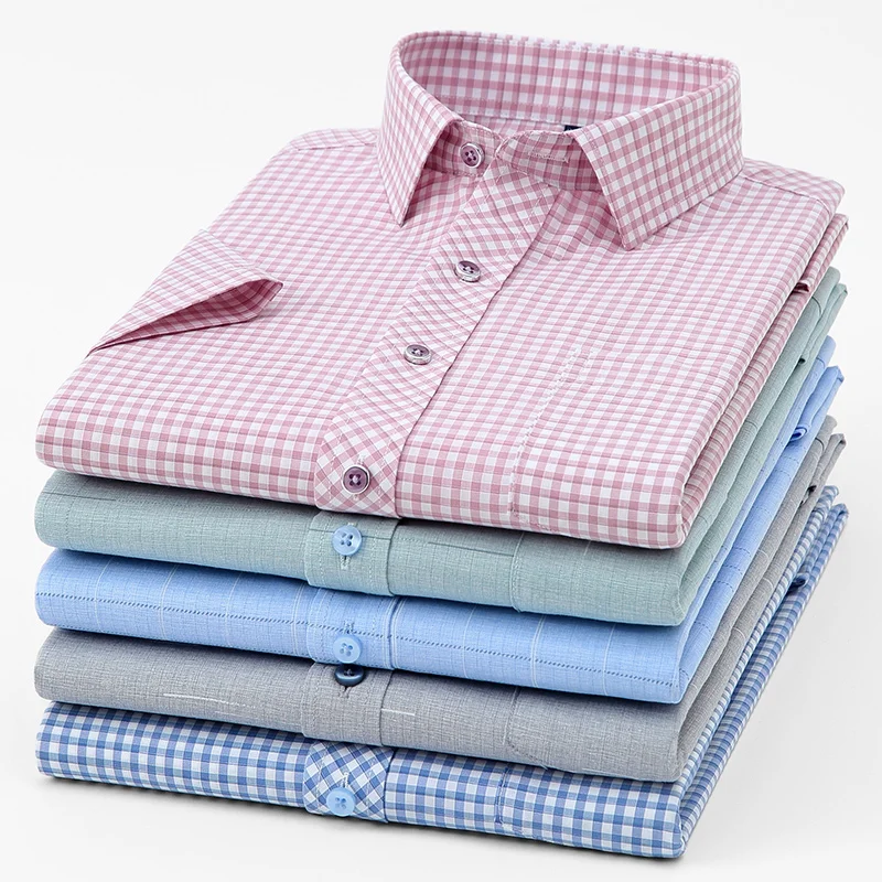 Bamboo fiber summer thin plaid short sleeve shirts for man slim fit formal plain shirt single pocket soft striped office clothes