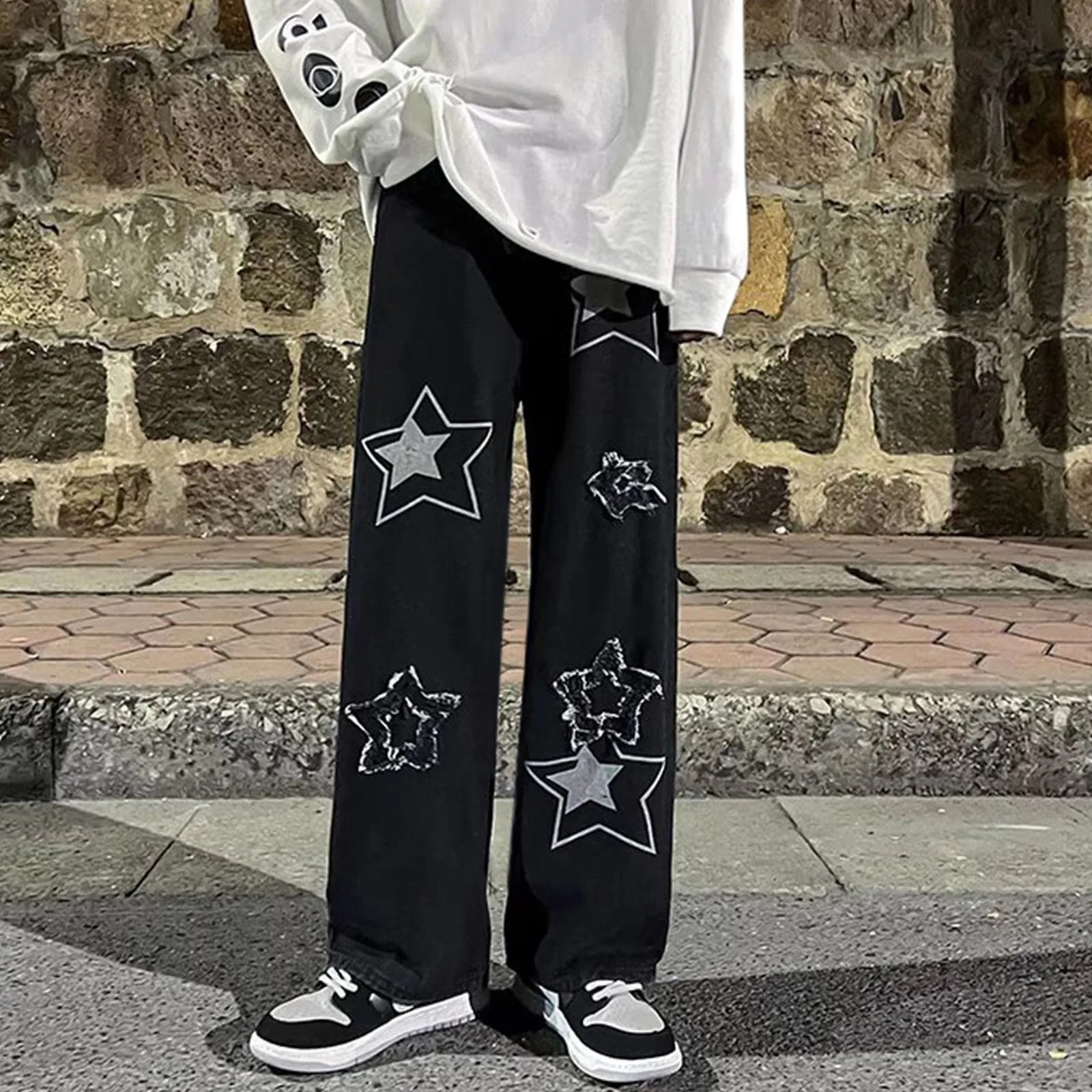 2024 New Fashion Star Embroidery Men's Jeans Y2K Vintage Hip Hop Pants Straight Trousers Floor Pants ropa hombre