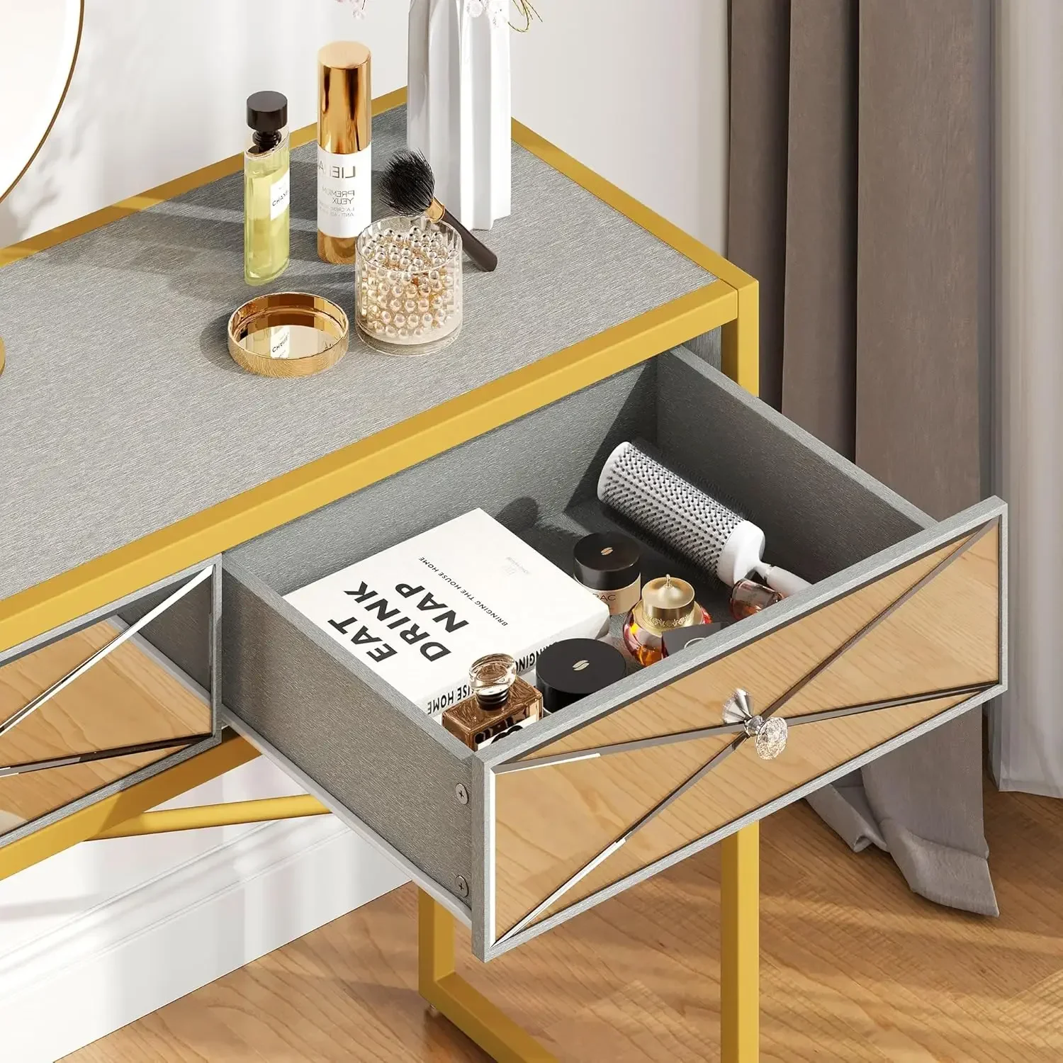 Manicure Table, Nail Desk for Nail Tech, Modern Mirror Manicure Desk with 2 Drawers, Acetone Resistant Nail Table Stati