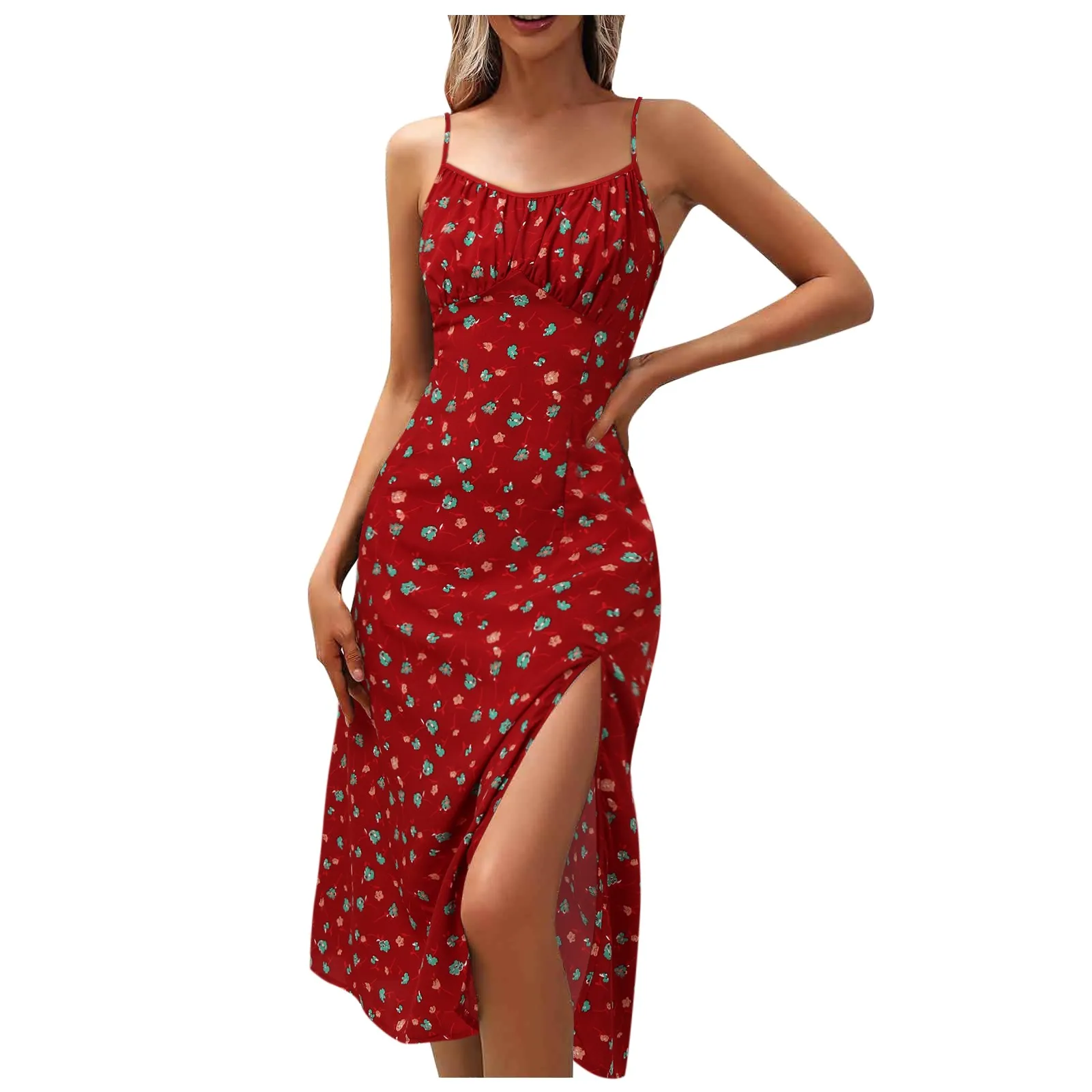 

2024 Women Floral Print Spaghetti Straps Summer Boho Beach Dress Print Elegant Suspenders Square Neck Slit Dress Vestidos