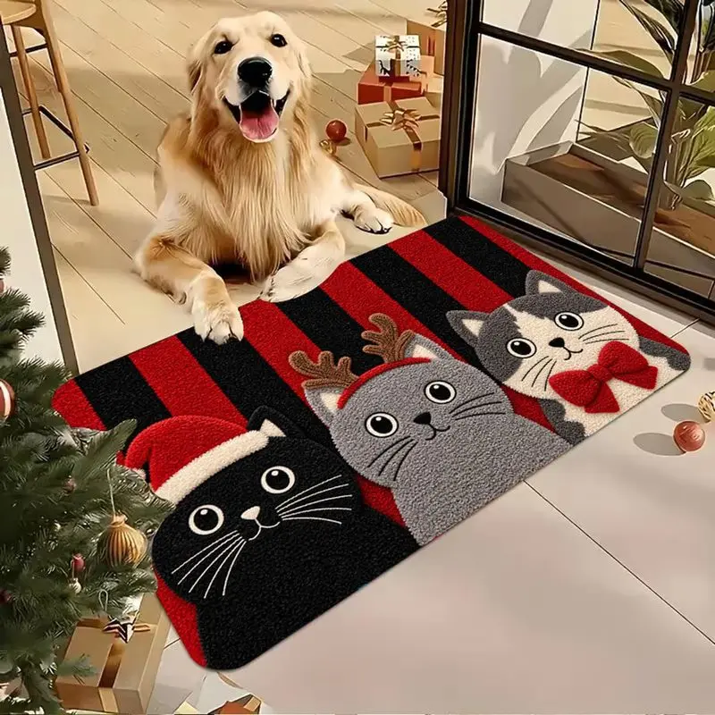 VIKAMA Christmas Cats Doormat Three Cute Kittens with Santa Hats Stripe Red Welcome Mat Entryway Rug Pet Lover Xmas Decor