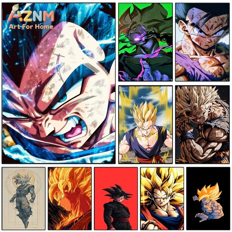Cuadro decorativo de Dragon Ball con Goku en su forma de Super Saiyan, ideal para decorar la habitación de adolescentes, dormitorios o espacios de juego. Impresión de anime sobre lienzo, sin marco.