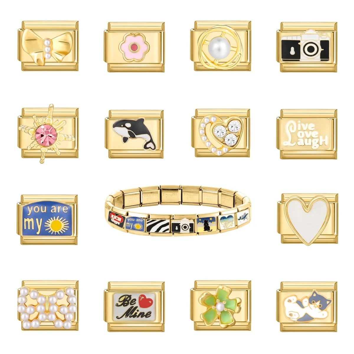 Y2K Golden Charm Camera Heart Cherry Shark Cat Sun Italian Charm Links Fit 9MM Bracelet Stainless Steel DIY Jewelry Making Gifts