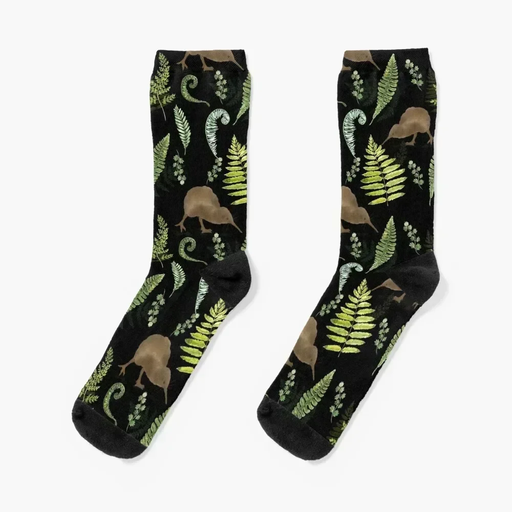 

New Zealand Kiwi Bird and Fern Fronds Pattern Design on Black Socks shoes Wholesale New year's Women Socks Men's