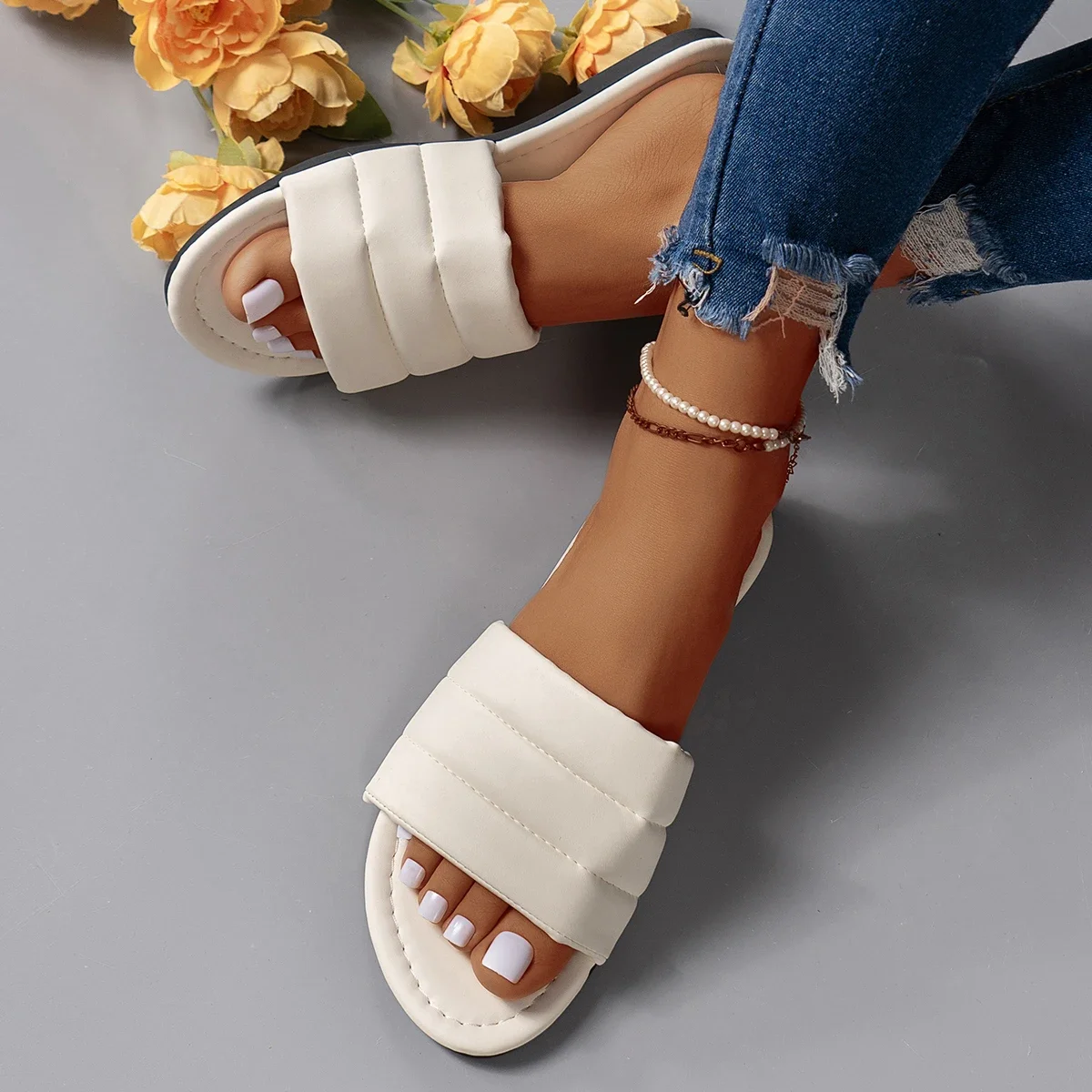 Slippers Casual Shoes Woman Beige Heeled Sandals Shale Female Beach Luxury Black Flat Summer Soft Sabot Fabric Fashion Slides