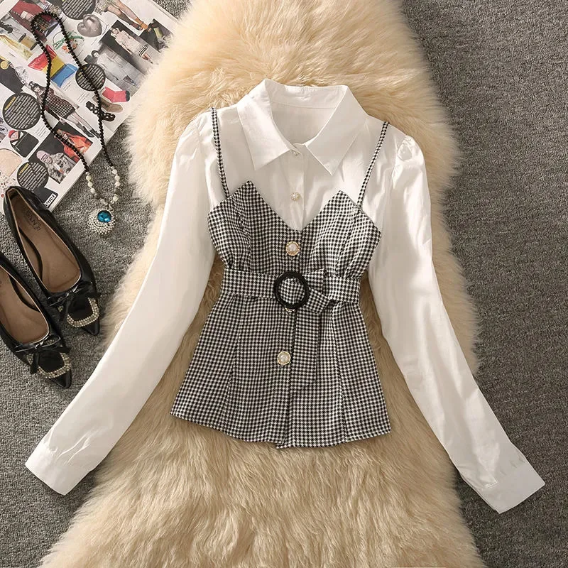 

Fashion Korean 2024 New Women's Spring Sense Of Design Sling Plaid Stitching Fake Two-Piece Long-Sleeved Shirt Female Joker Top