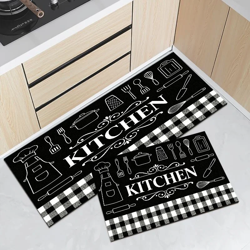 Plaid Check Kitchen Tool Runner Mat Waterproof Oilproof Non Slip Anti Fatigue Black White Farmhouse Kitchen Floor Decor Rug