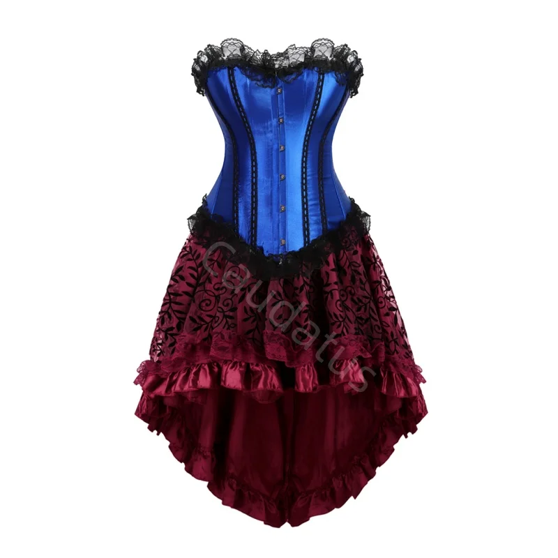 

Костюм-корсет с длинной юбкой, комплект с кружевным бюстье, средневековый костюм для вечеринки, бурлеск, женский наряд, готический стиль, Хэллоуин, синий цвет