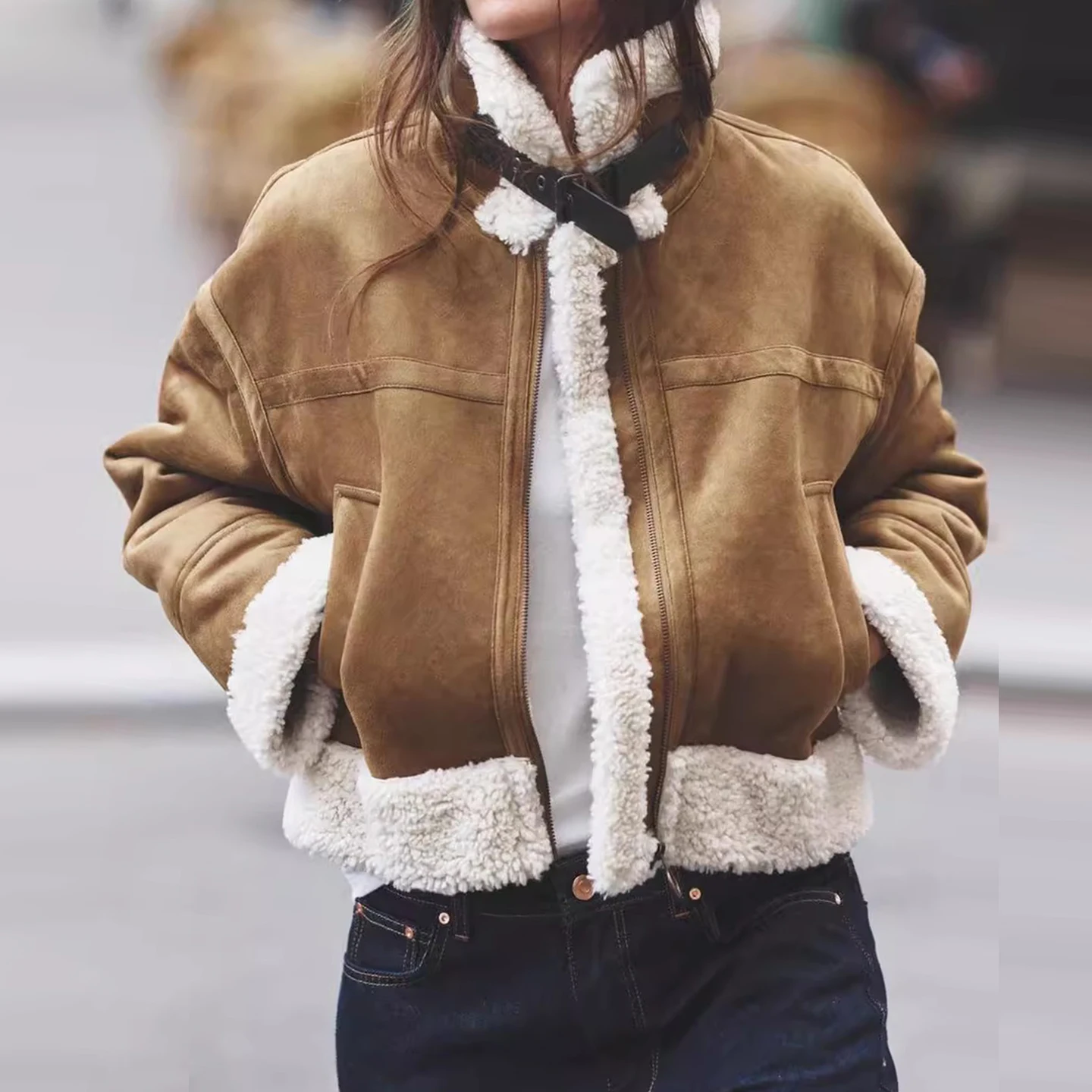 Double-Sided Zipper Faionable Women's Jaet 2025 Autumn Collection Versatile Outerwear Casual Long Sve Stand Collar