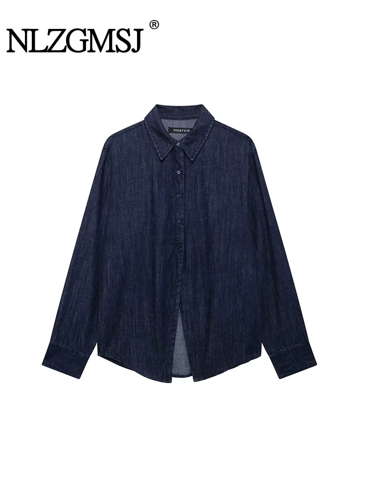 TRAF 2024 Autumn Casual Solid Women Denim Blouse Turn-down Collar Long Sleeve Single Breasted Blouse Fashion Shirts