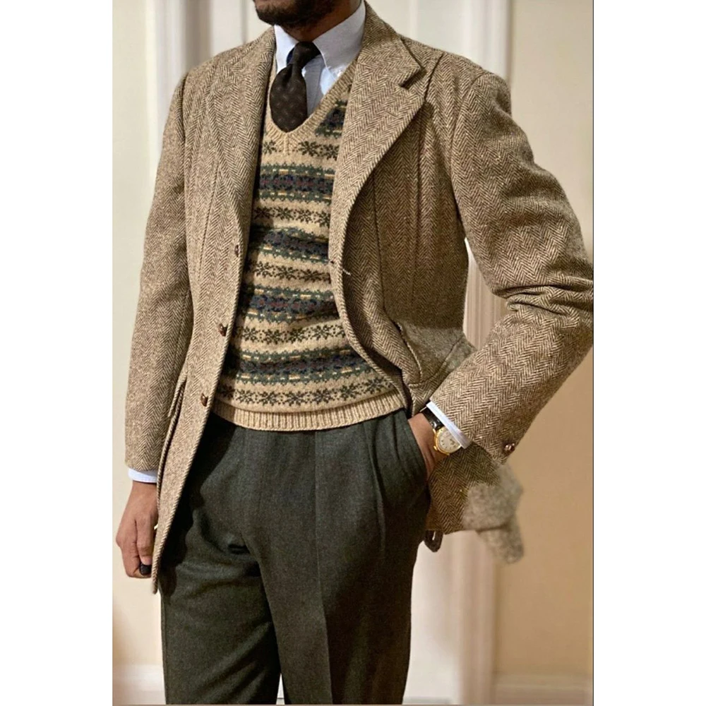 Herringbone Men's Suits 2Piece(Jacket+Pants) Single-breasted Notch Lapel Set Textured Blazer Wedding Business Formal Office Wear