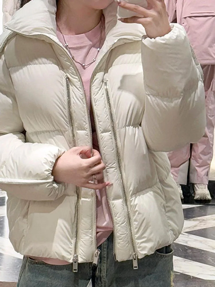 ユニークなオーツホワイトのレディースダウンジャケット、韓国風高級ブレッドコート、厚手のアウターウェア、通勤ファッション、90%ダウンフィルパワー