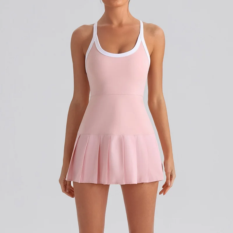 Pleated One Piece Yoga Dress For Women With Chest Pads Sports Tennis Dress High Elastic Sexy Outfits Fitness Golf Dresses