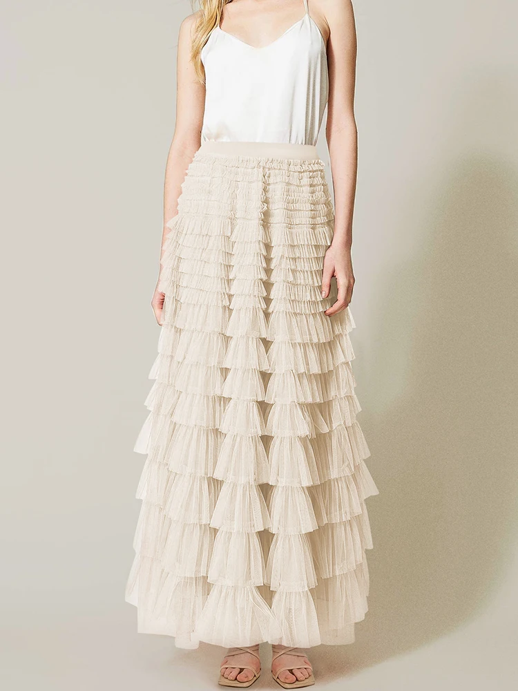Casual Lange Rok Dames Zomer Mesh Cake Rokken Dames Elegante Gelaagde Ruches Rok Dames Mode Effen Kleur Geplooide Faldas