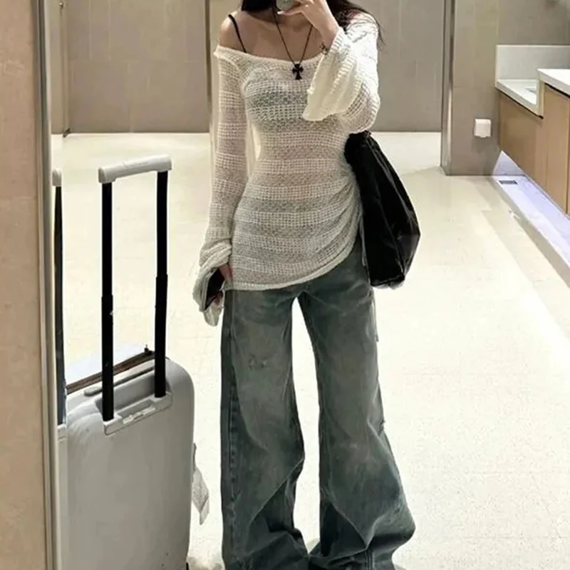 Rimocy Bell-Bottomed Sleeve White Sweater Women Hollow Out Drawstring Sun Protection Top Woman Long Sleeve Y2K Jumpers Female