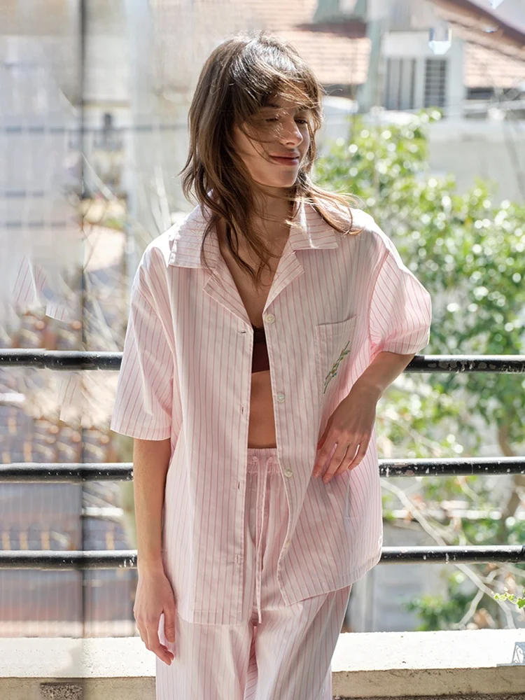 pure-cotton-summer-thin-home-clothes-set-women's-sleepwear-striped-pink-lightweight-comfortable-breathable-loose-fit-home-fas