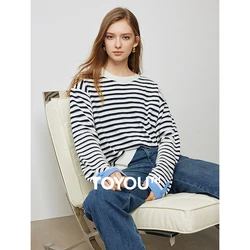 TOYOUTH Women Knitted Sweater 2024 Autumn New Striped Long Sleeve Contrasting Woven Round Neck Pullover Tops