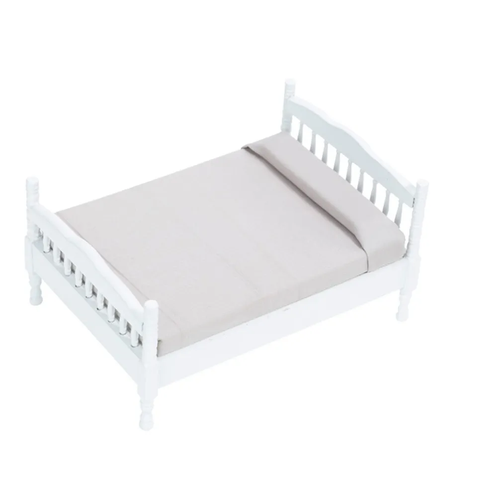 

Mini Double Bed for Dolly House DIY Bedroom Decor Kids Playset Safe Rounded Edges Realistic Design Small Furniture Accessory